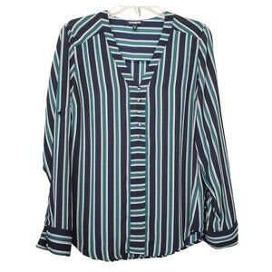 Express Green/Black Striped Fabric Button Roll-Tab Popover Blouse Size Medium